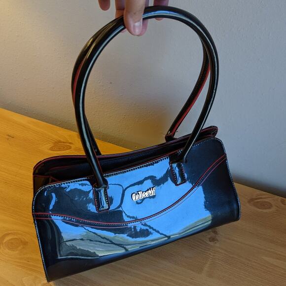 Collectif London 1950s Inspired Black Patent Leather Top Handle Barrel Bag Purse - Picture 8 of 12